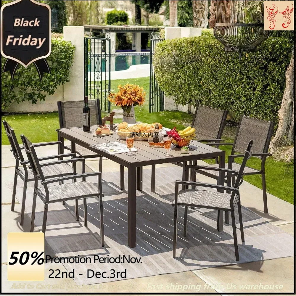 Patio Dining Set 7 Pieces Outdoor Furniture with Large Table and 6 Textilene Chairs for Porch, Brown