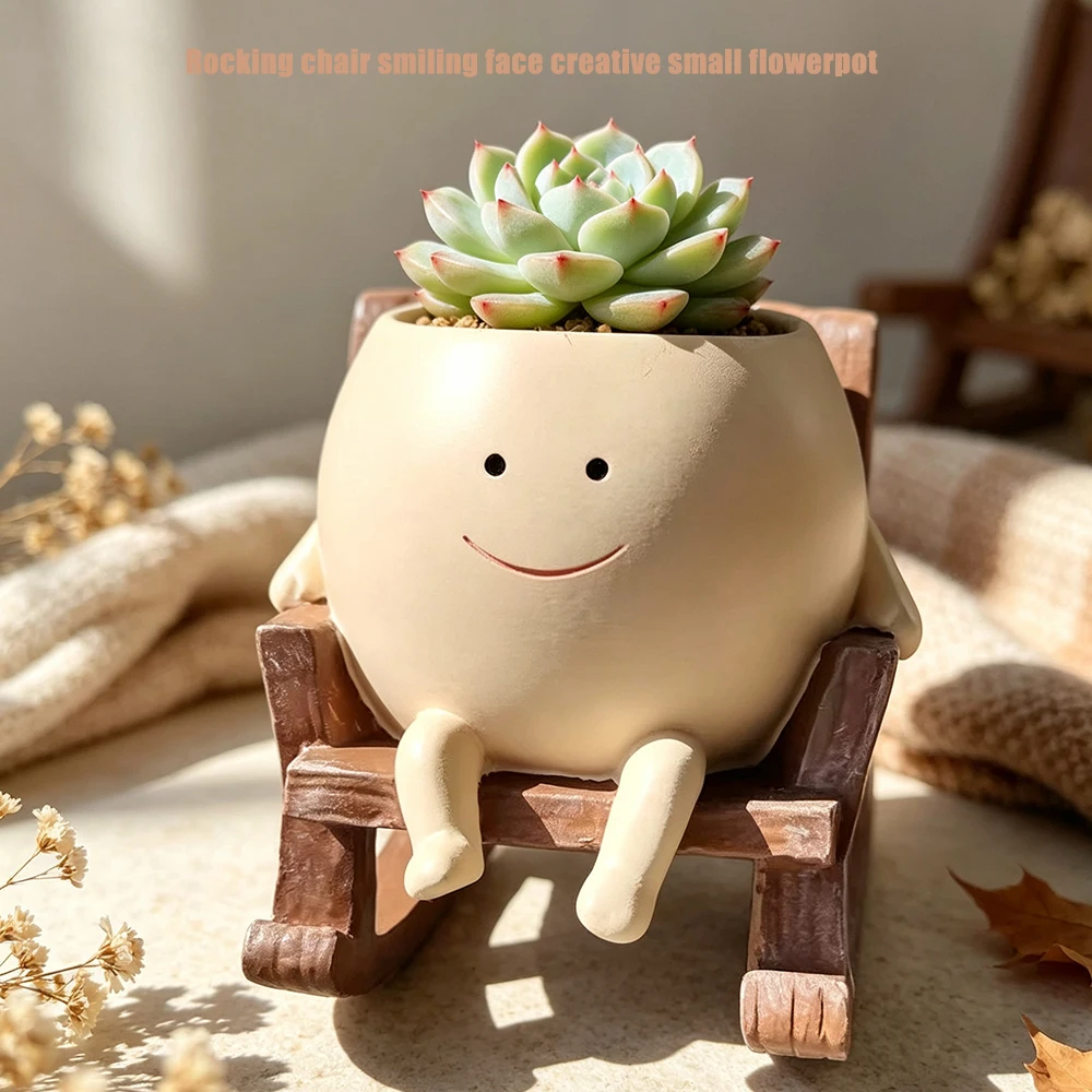 High Aesthetic Square Small Rocking Chair Mini Flower Pot Smiley Face Creative Resin Planter Cute Succulent Container Perfect