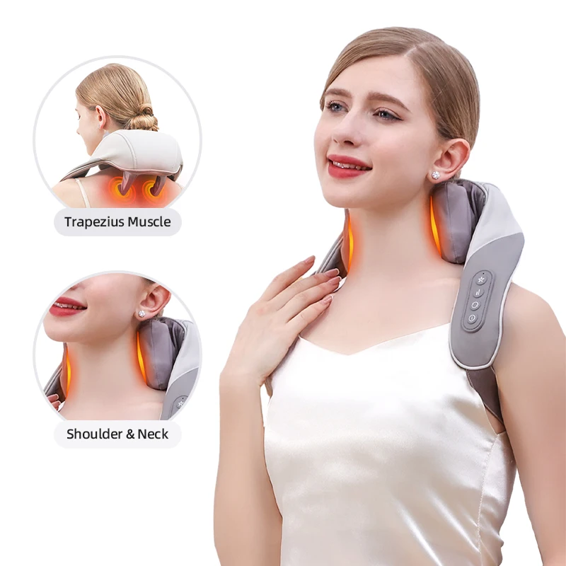 Wireless Electric Shiatsu Neck and Shoulder Massager Kneading Tapping Vibrating Thermal Massage Belt