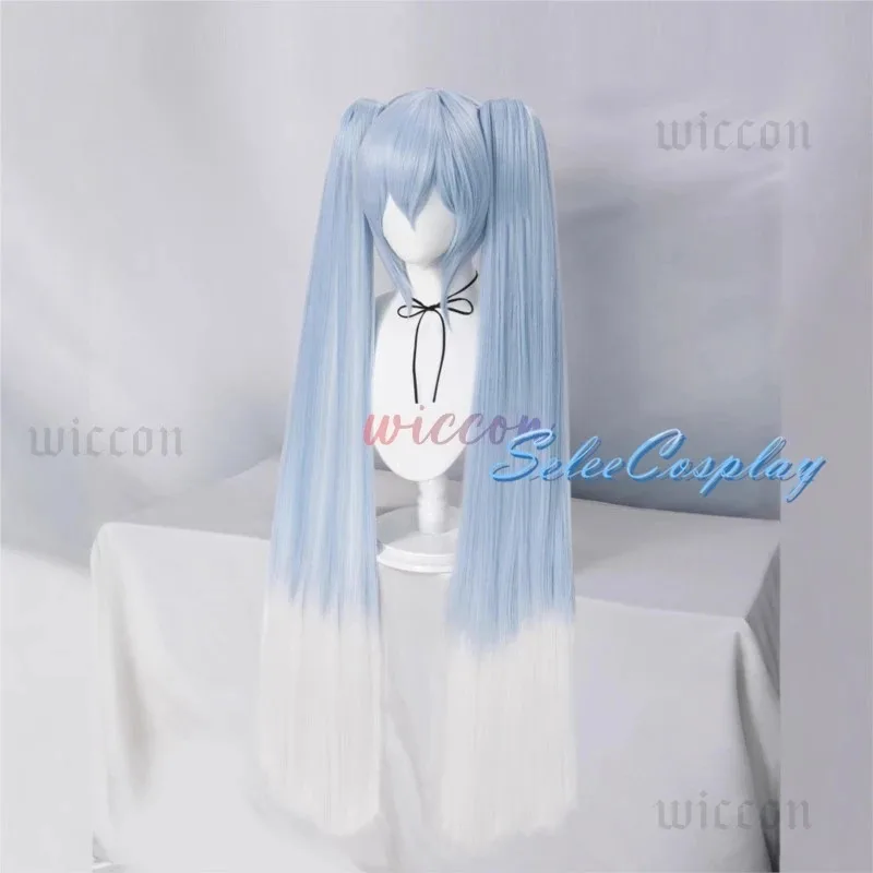 Picture 5: wiwiwi 123Virtual Singer Cosplay Wig Colored Miiku Long Light 44inch Blue Gradient White Hair Clips 2 Ponytails Synthetic