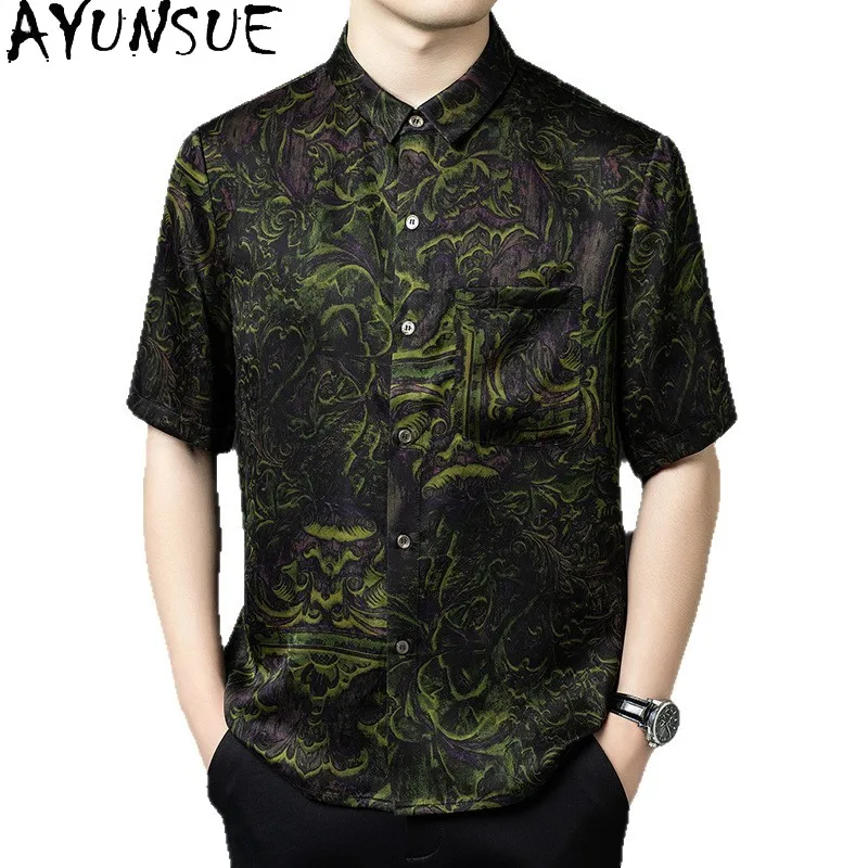 AYUNSUE Luxury Watered Gauze High Quality Shirts for Men 100% Mulberry Silk Short Sleeve Shirt Man Summer Top Fashion Jacquard