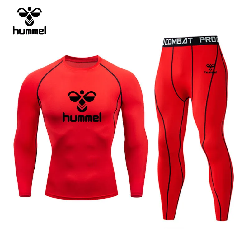 The New Brand HUMMEL Men\'s Compression Shirt Sports Running Tight Gym T-shirt Sports Set Exercise Quick Drying Top T-shirt