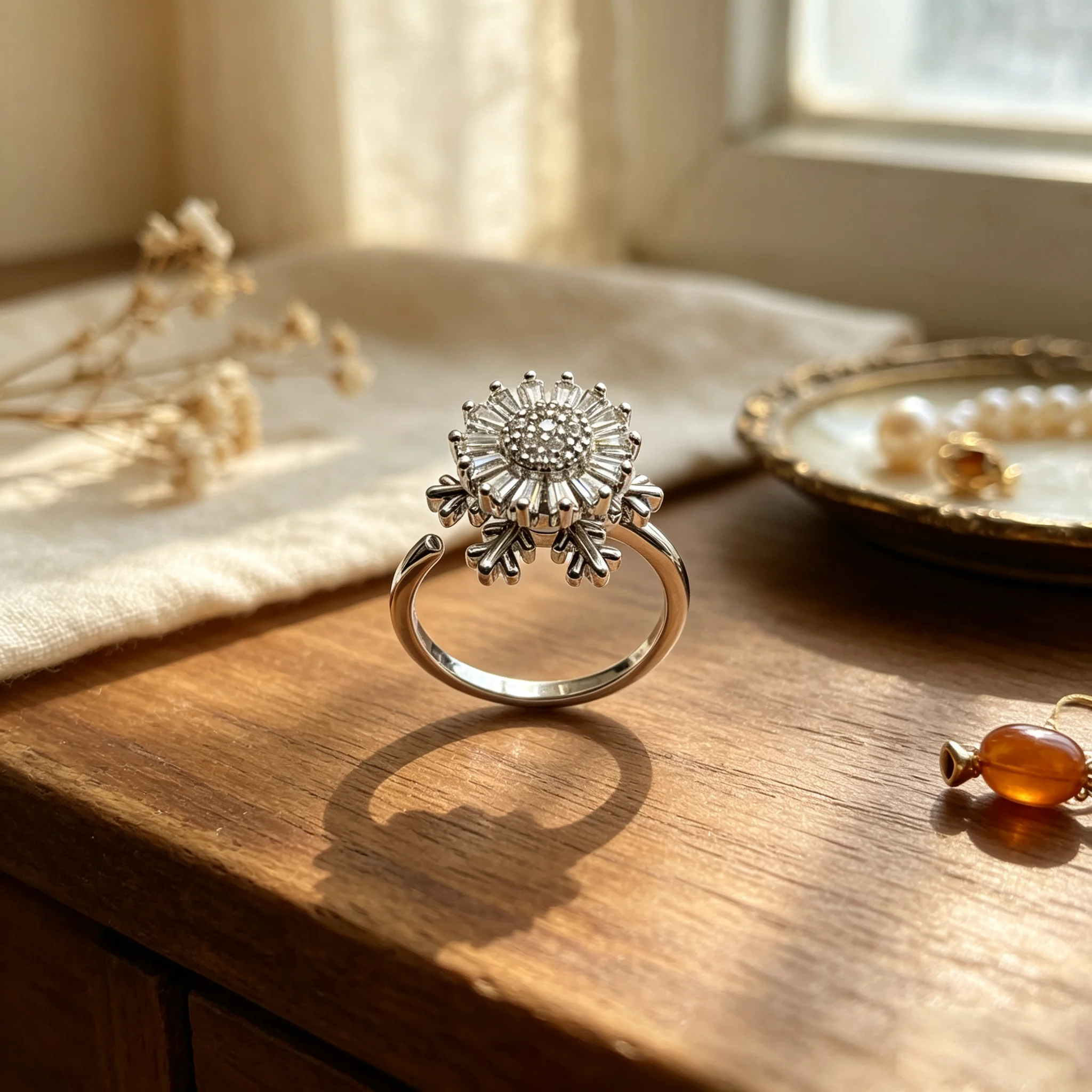 Rotatable Snowflake Fidget Ring Women Shiny Clear Zircon Spinner Ring Adjustable Open Band Anti Stress Anxiety Relief Jewelry