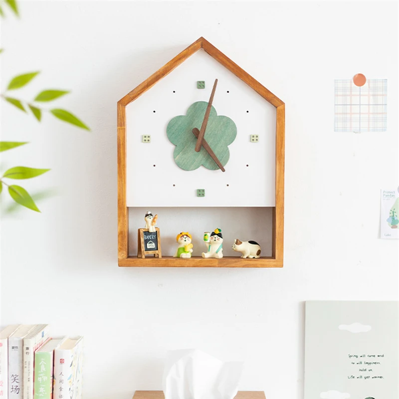 

Wooden Fashion Hanging Wall Clock Living Room Bedroom French Children's Clock Home Decoration Desktop Ornaments Storage Rack