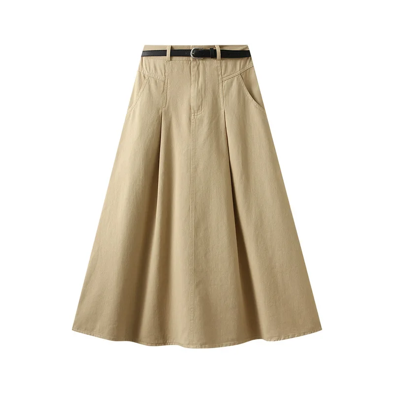 Vintage Corduroy with Belt Midi Skirts Women Autumn Winter High Waist Pleated Skirt Ladies Streetwear All Match A Line Skirt