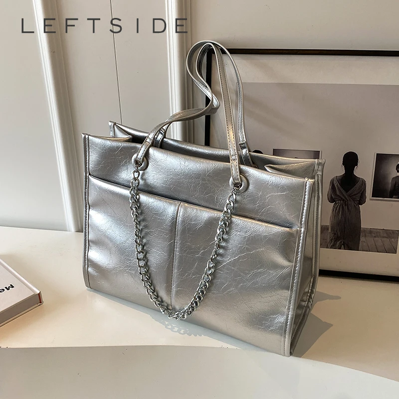 LEFTSIDE Silver large Leather Tote Bags for Women Luxury 2023 Y2k Fashion Solid Color Shoulder Bag Females Chain Handbags