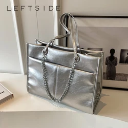 LEFTSIDE Borse tote in pelle grandi argento per donna di lusso 2023 Y2k Borsa a tracolla in tinta unita moda femminile Borse a catena