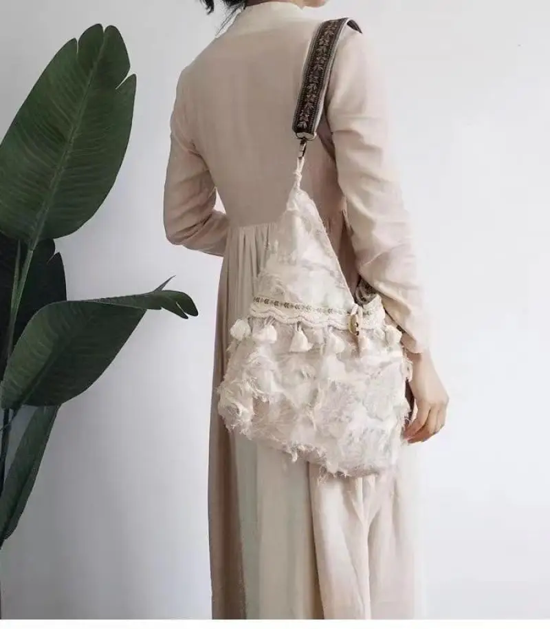 Retro Artistic Ethnic Style Fake Tassel Daily Lightweight and Versatile Cloth Bag Large Capacity Single Shoulder Crossbody Bag