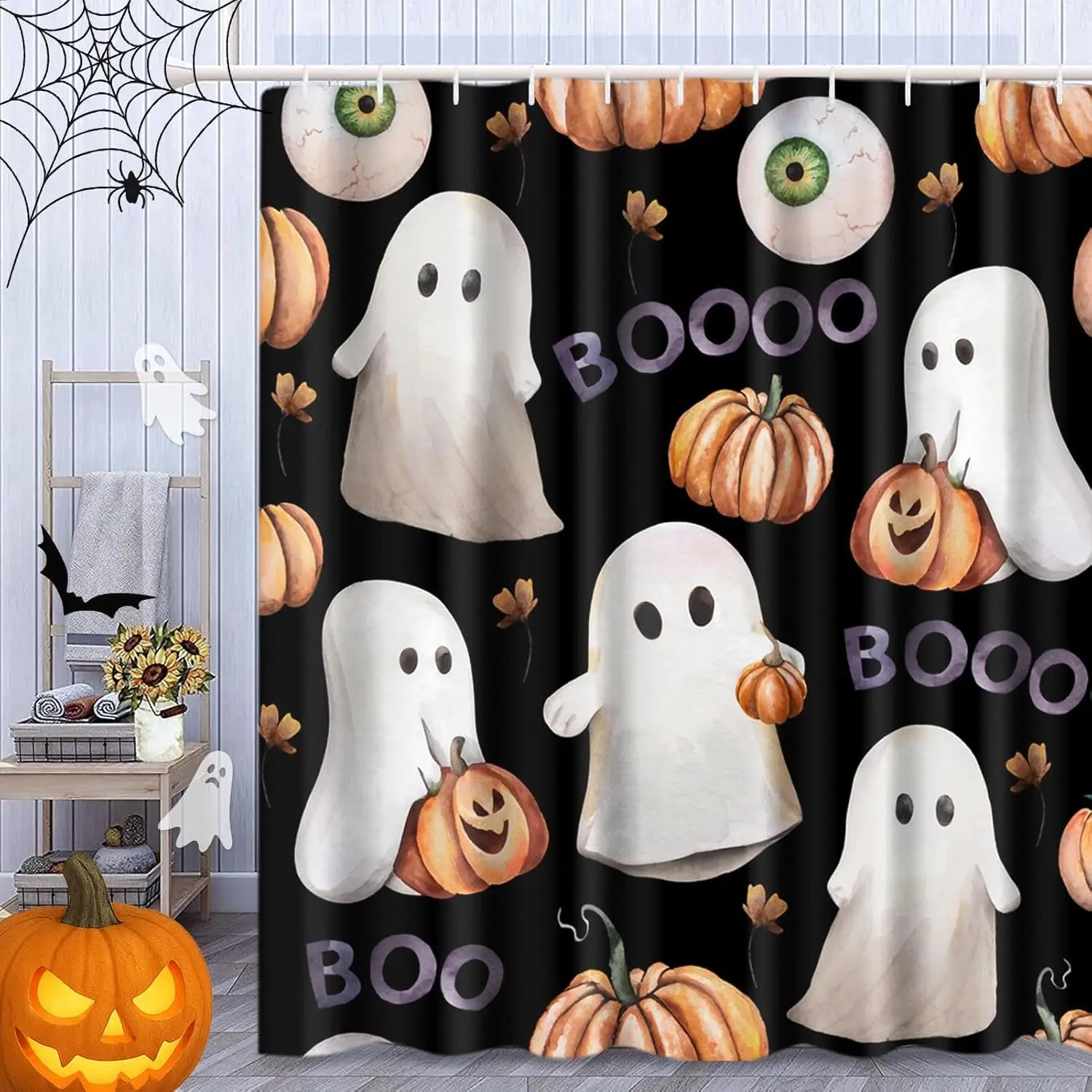 

Занавеска для душа Bayson на Хэллоуин, черная занавеска для ванной с милыми призраками и оранжевыми тыквой для декора ванной комнаты, водонепроницаемая полиэфирная ткань 60