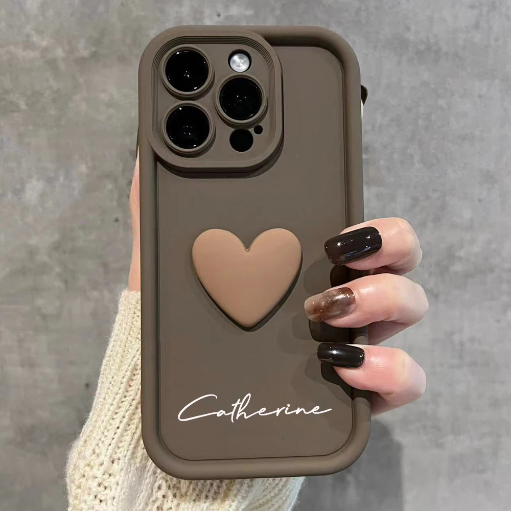 Personalized Customized Name INS 3D Cute Love Heart Case For iPhone 15 14 13 12 11 Pro Max Silicone Shockproof Cover 15 Pro Max