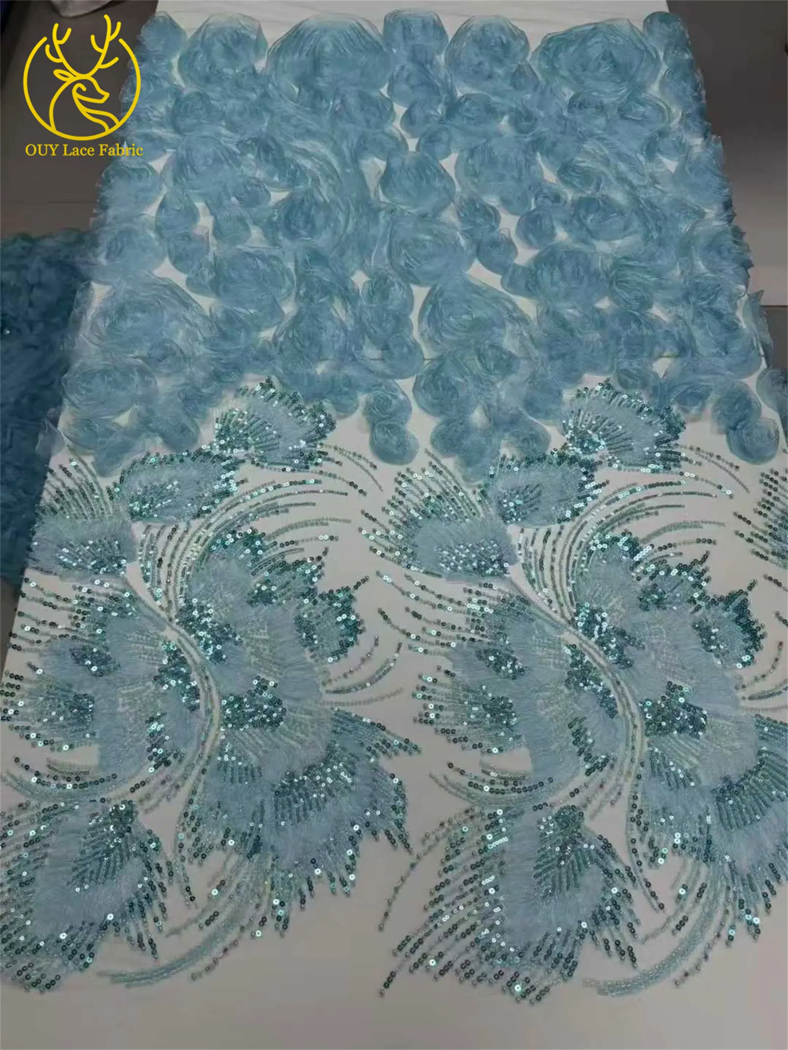 Latest African Beaded Sequins Lace Fabric 3D Tulle Fashion Lace Fabric Ideal for Wedding Party Dresses and Bridal Gowns