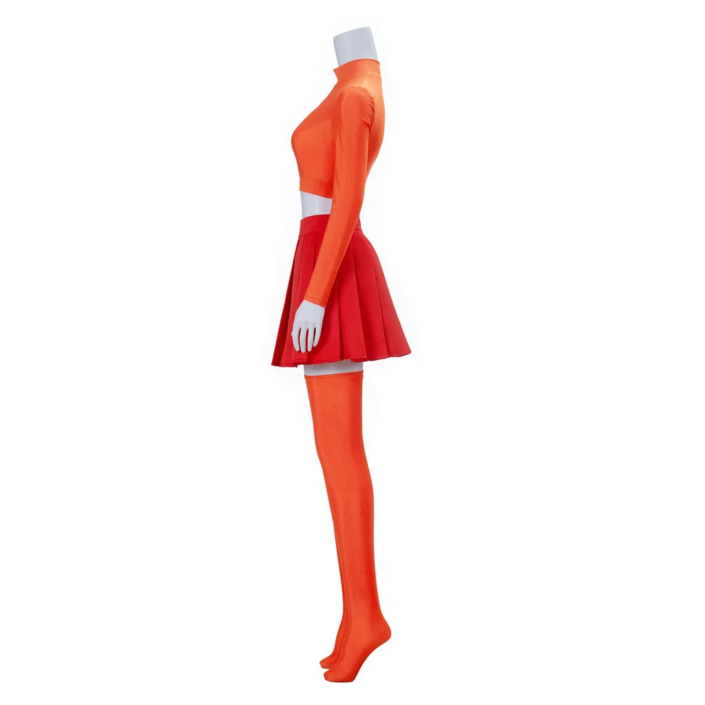 

Cosplay Costume Velma Uniform Orange Top Skirt Socks Wig For Women Girls Disguise Halloween Carnival Part Suit