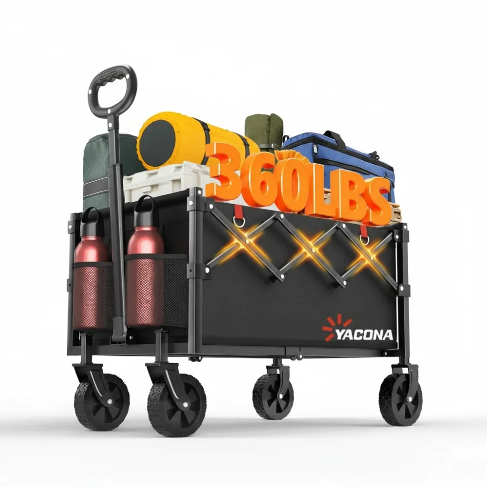 

Foldable Utility Wagon Cart with Wheels, Lightweight Portable Shopping Cart for Grocery Camping Beach Garden Sports