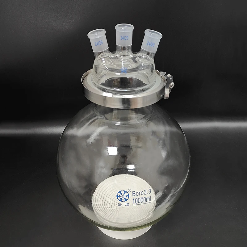 FAPE Single-layer spherical round bottom three oblique necks open reactor bottle 10000mL 24/29,150mm flange,Stainless steel clip