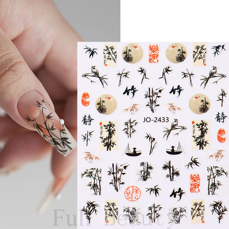 ตัวอักษรจีนสติกเกอร์เล็บบทคัดย่อ Art Words 3D ออกแบบ Sliders ภาพวาดหมึกดอกไม้ไม้ไผ่ Decals ฟอยล์อุปกรณ์แต่งเล็บ