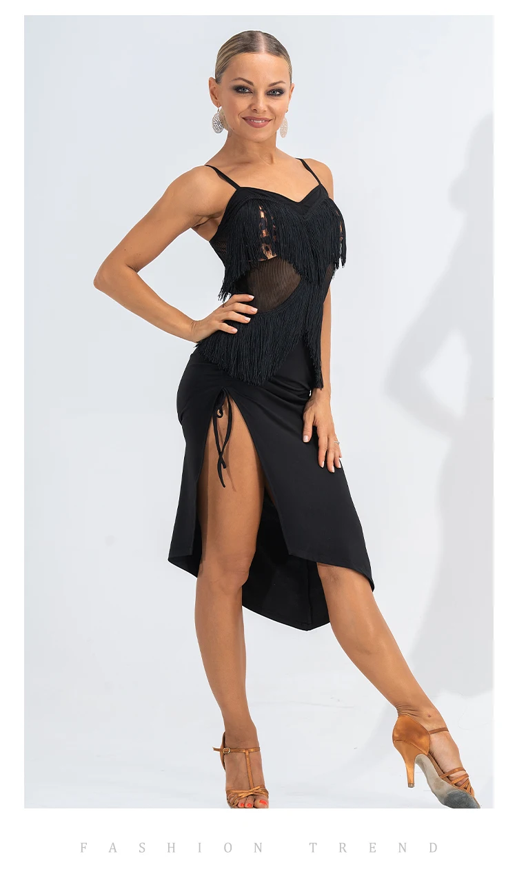 Damen Latin Dance Kleid Fransen Bodysuit Ballsaal Wettbewerb Tango Cha Cha Rumba Trikot Kleider Performance-Kostüme