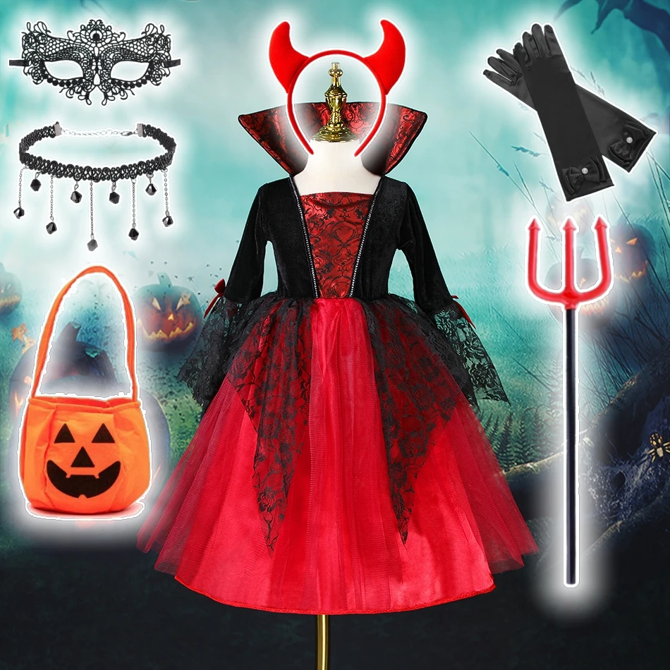Baby Girls Halloween Witch Costume Children Cosplay Vampire Princess Dresses Kids Dress Up Clothes With Hat Carnival Party Gift