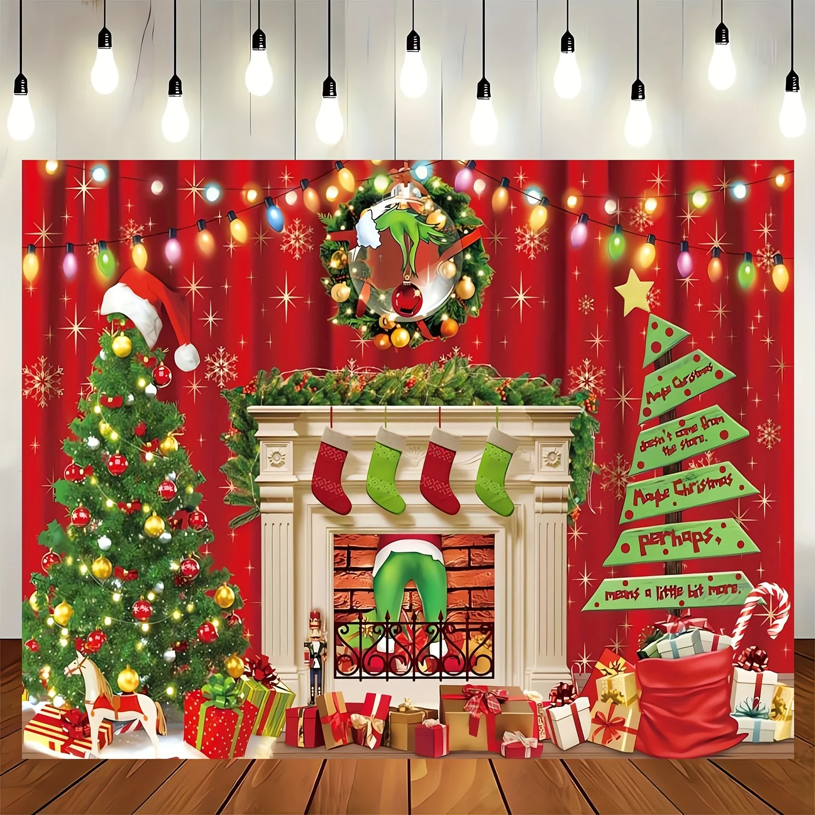 Weihnachts kamin-Winter fotografie hintergrund mit Weihnachts mann, Kiefern und Geschenken-Mehrzweck banner