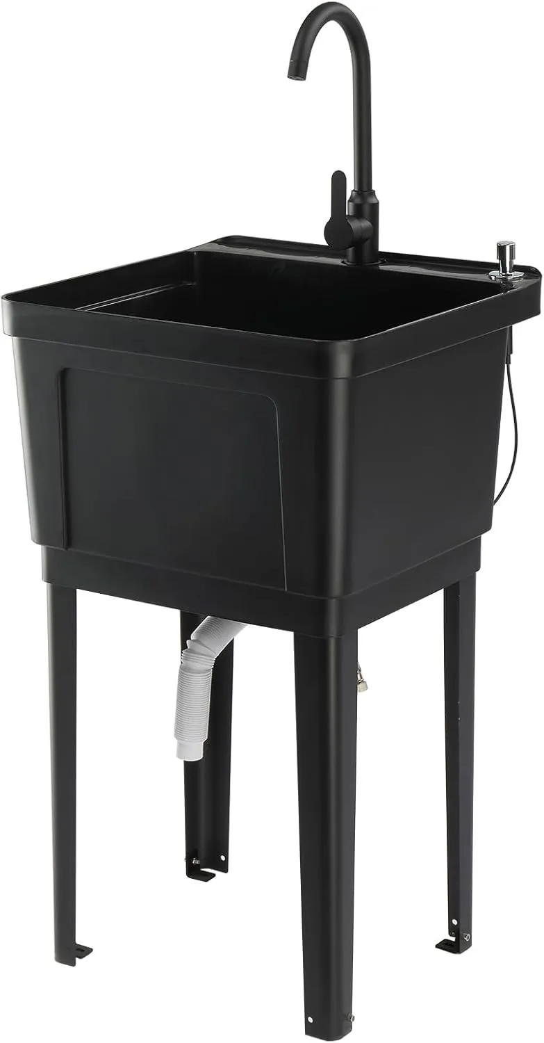 Freestanding Sink Plastic Utility Sink with Hot&Cold Faucet, Iron Legs Black