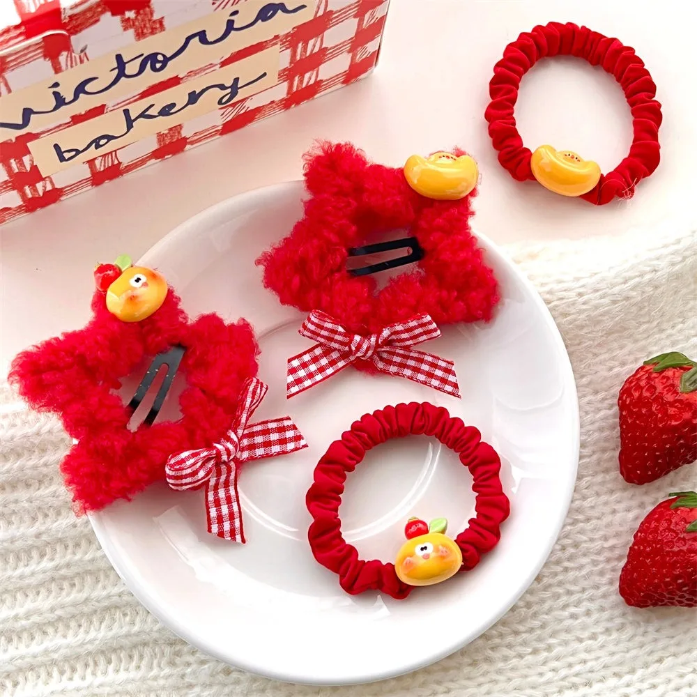 Red Color Plush Star Hair Clip Barrettes Korean Style New Year Hairpin Hair Side Clip Bow Hairpin Star Duckbill Clip Party