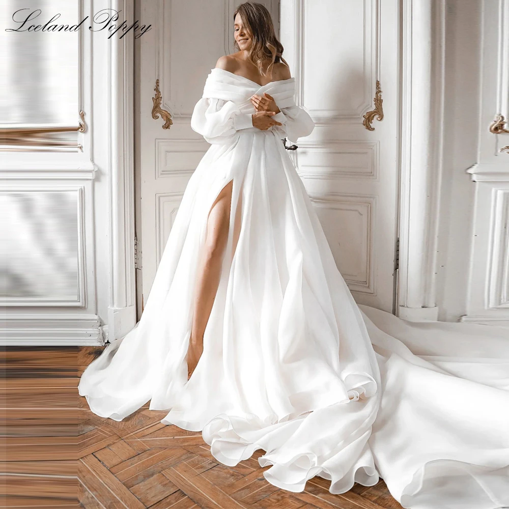 

Lceland Poppy A Line Off the Shoulder Organza Wedding Dresses High Slit Pleated Bridal Gowns with Removable Jacket