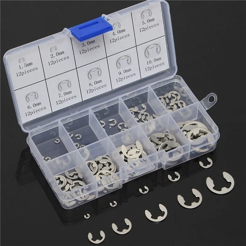 200 PCS 304 Stainless Steel E Clip Washer Assortment Kit Circlip Retaining Ring for Shaft Fastener M1.5-M10