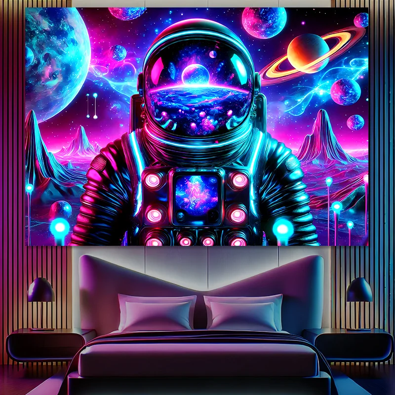 VIKAMA Cyberpunk Space Astronaut Neon Wandteppich Sci-Fi Cosmic Decor Wohnzimmer Feature Wandraum Akzent