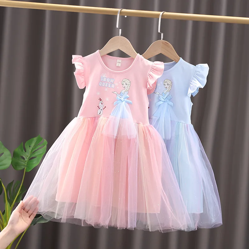 

New Summer Kids Girls Puff Sleeve Dresses Clothes Pretty Children Dresses Frozen Elsa Princess Party Birthdays Costume 1-8Yrs