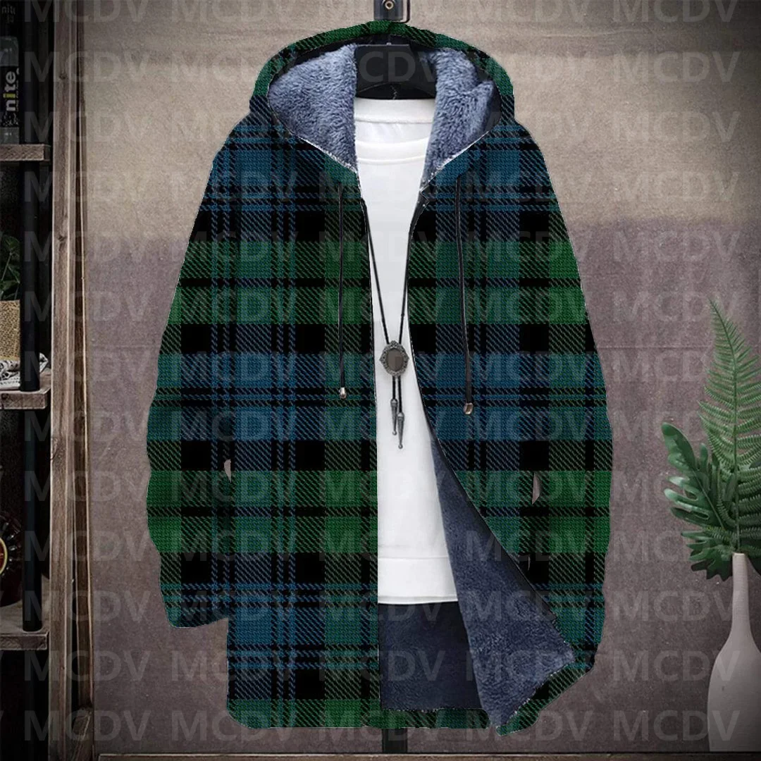 Men's Retro Print Plush Thick Long-Sleeved Coat Cardigan Christmas Grid Art 3D Prined Fleece  Overcoat Unisex Thick Warm Jacket