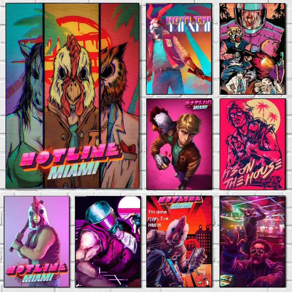 H-Hotline Miami Poster Waterproof Wall Art Sticker For Bar Living Room Vintage Room Decor High Quality Print Gift