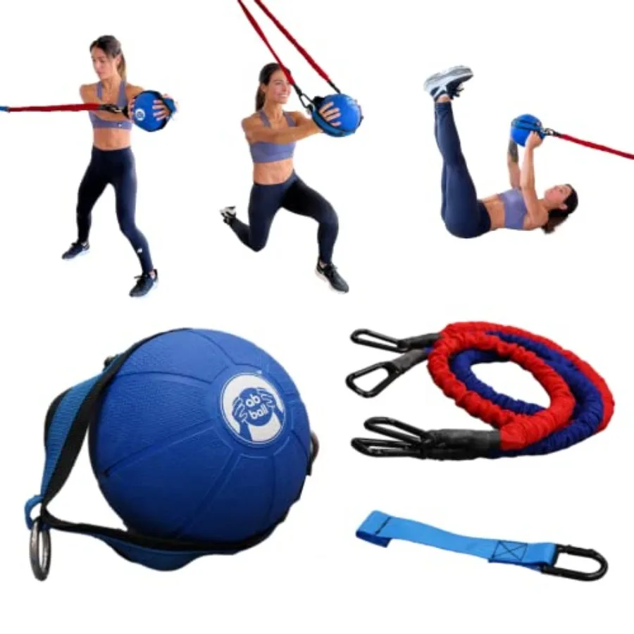 Ab Ball - Sistema de entrenamiento con balones medicinales 3 en 1 para uso en gimnasios domésticos, núcleo de acero recubierto de goma, negro con correas grises, patentado por Han