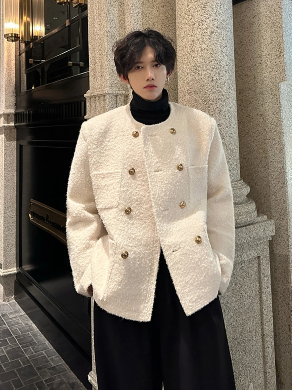 

White Tweed ort Jaet Men's Autumn Winter Double Breasted Casual Suit Nel Haome Woolen Coat Stand Fit Polyester