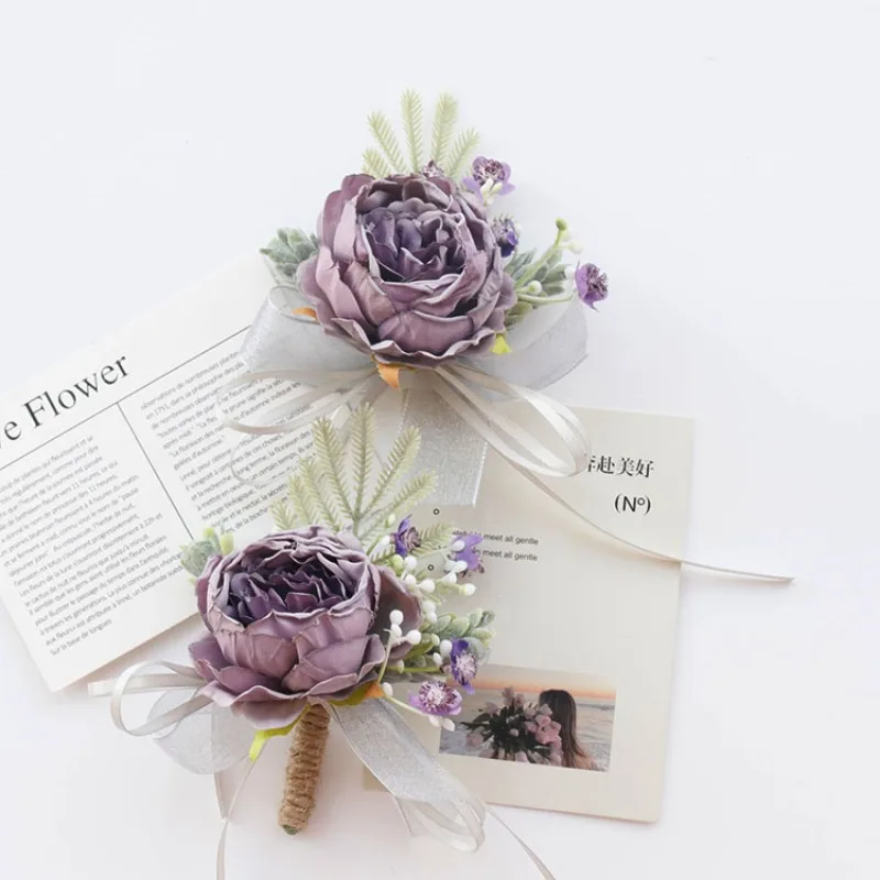 Fleurs roses artificielles violettes, boutonnières de garçon d'honneur, corsage de poignet, accessoires de mariage de demoiselle d'honneur