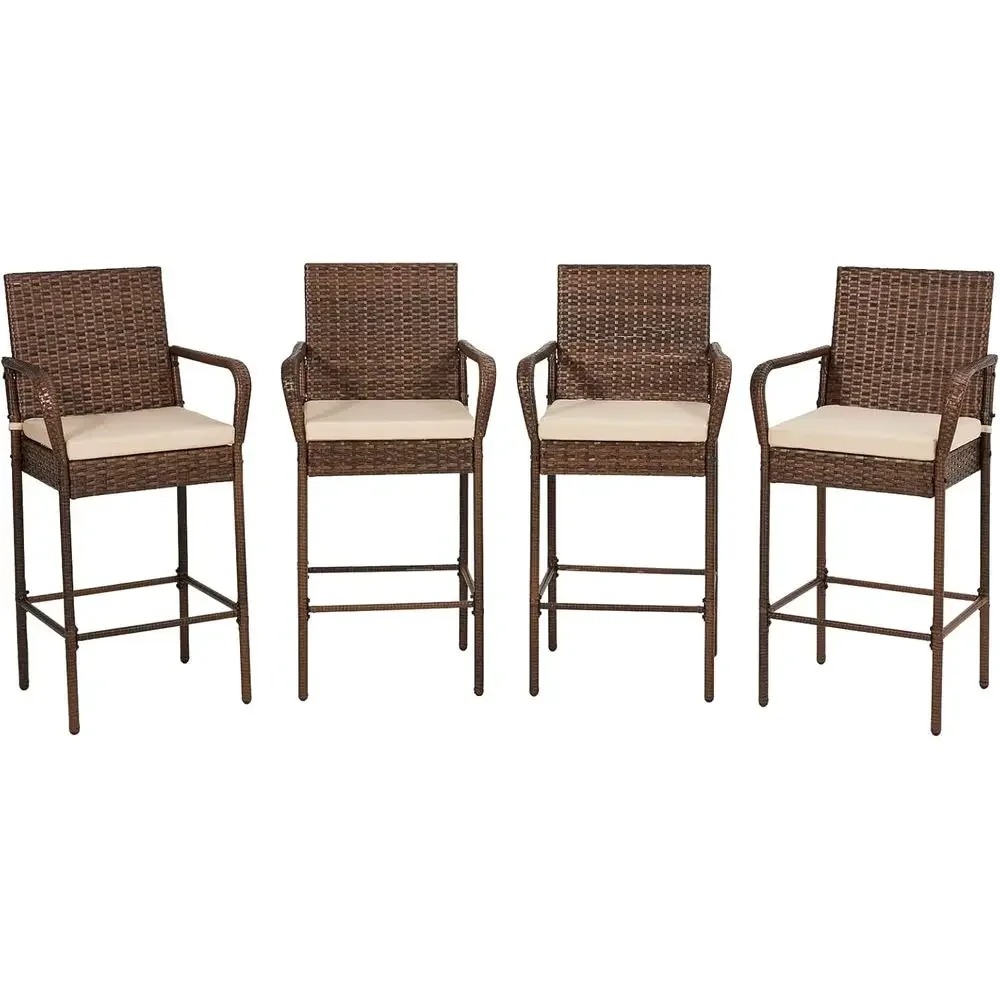 

4-Piece Outdoor Rattan Bar Stools Set with Cushions for Backyard, Pool, Garden, Deck - Brown