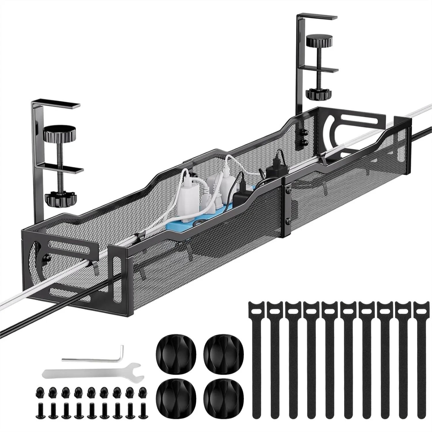 

25'' Cable Management Under Desk No Drill, Metal Cord Organizer with Clamp for Standing Desk, Home Office