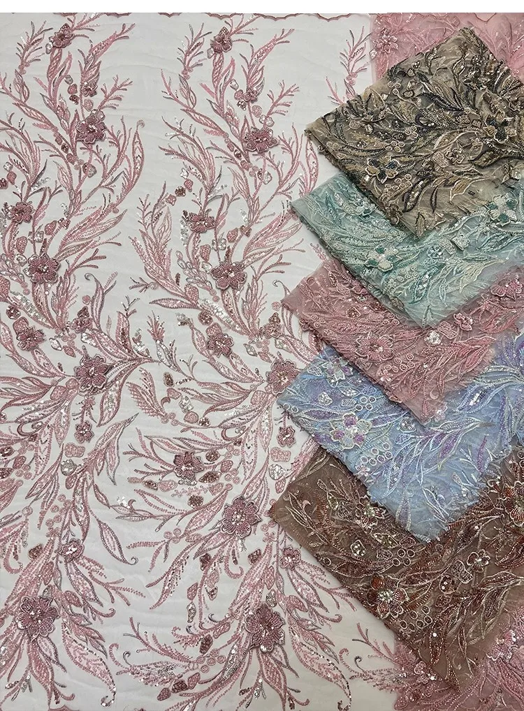 

1yard new Two tone nail bead dense flower sequin embroidery tela gauze fabric Dress cheongsam fabric for patchwork