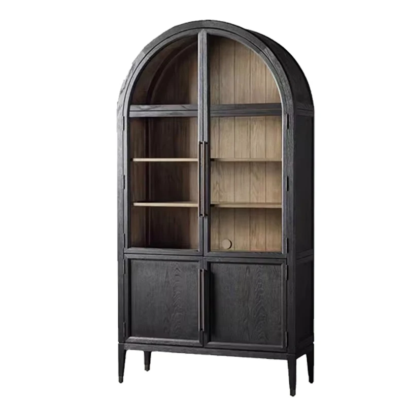 

Light luxury solid wood antique cabinet Vintage arch glass showcase in the living room dustproof storage cabinet customized