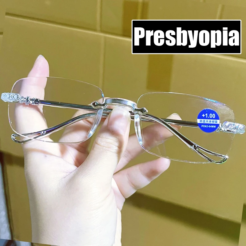 Fashion Trend Rimless Hyperopia Glasses Unisex Women Men Blue Light Blocking Eyeglasses Prescription Reading Eyewear Diopter