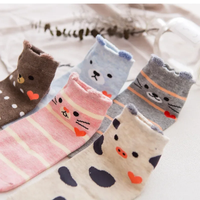 3 Pairs / Lot Women Girls Cute Bear Rabbit Pig Ankle Socks With Animal Ear Design Dropship