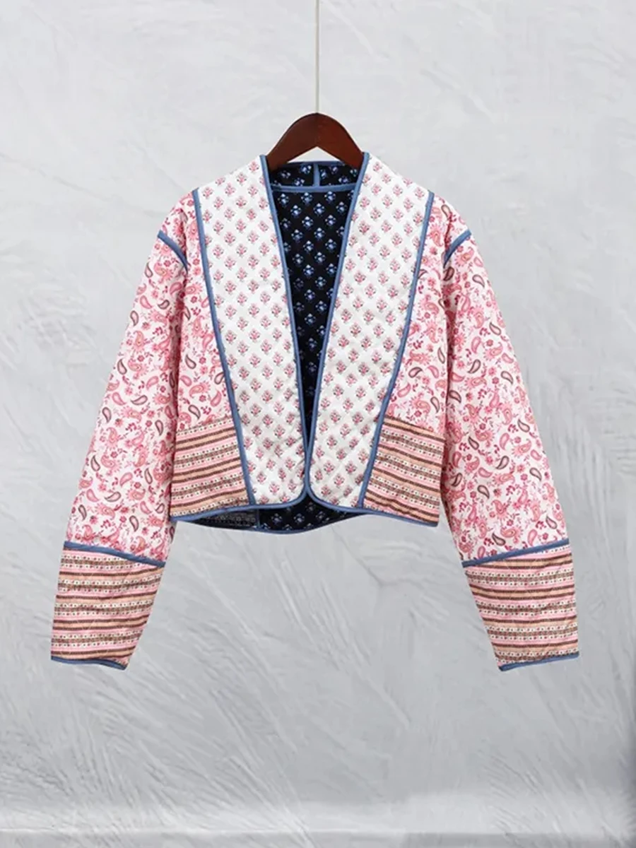 Veste matelassurera courte à imprimé floral pour femme, col montant, devant ouvert, manteau matelassé, manches longues, veste rembourrée, automne, hiver