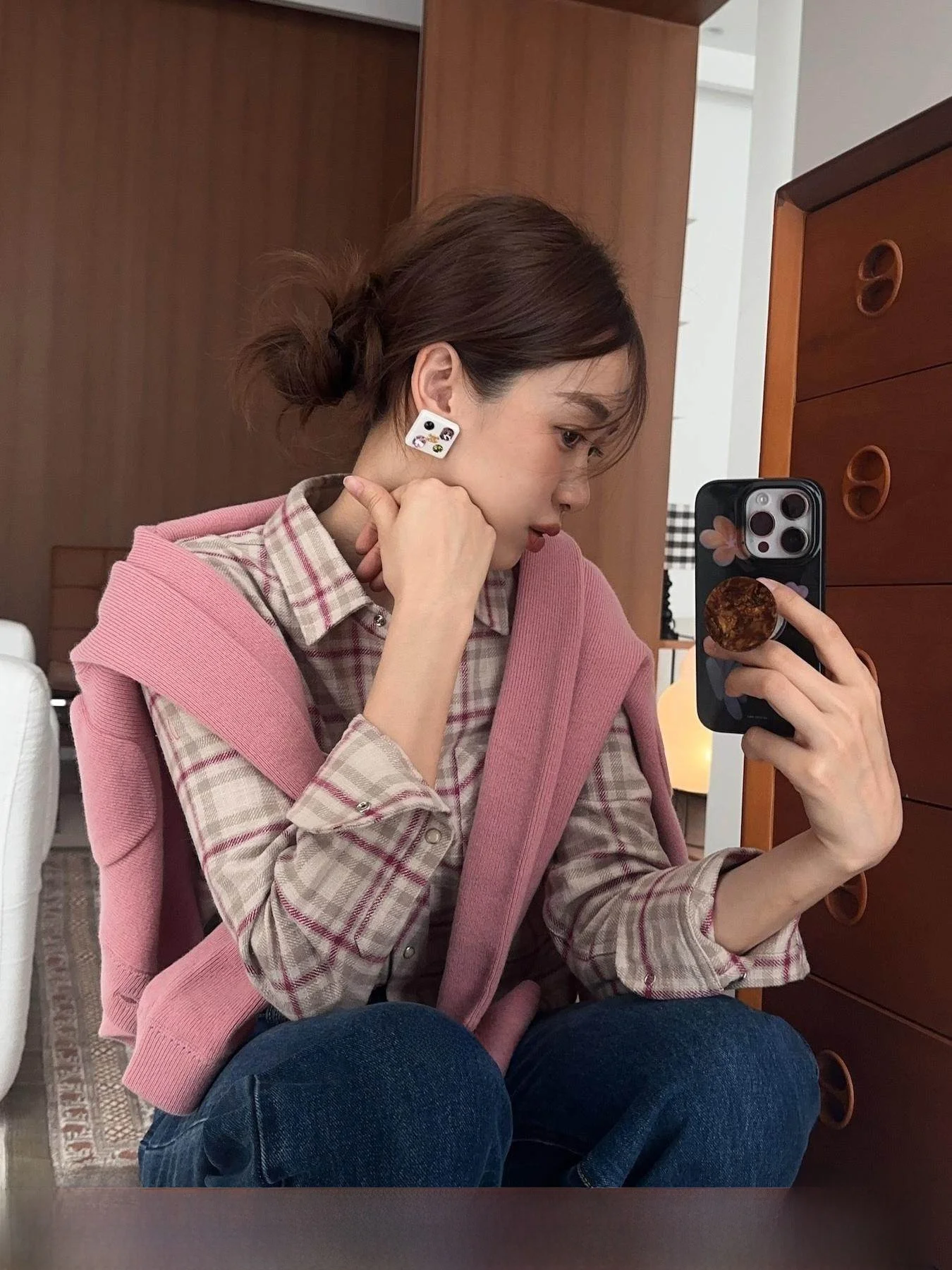 

Осенне-зимняя рубашка Ohmyop Thiened Floing Pearl Slim Fit с пятью пуговицами, из хлопкового фланеля, в клетку, для повседневной носки, женская