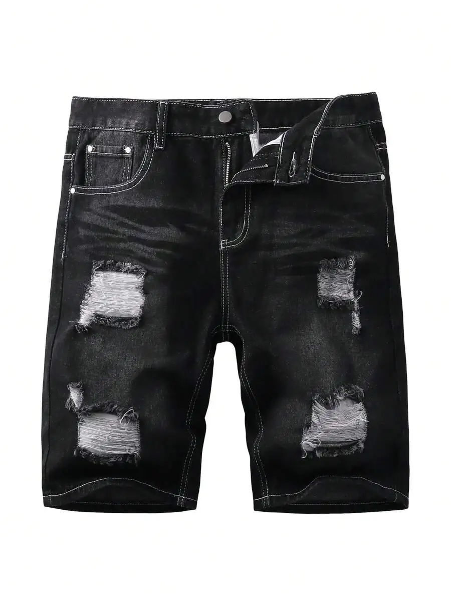 

Mens Ripped Denim Shorts Casual Summer Regular Fit Zipper Fly Distressed