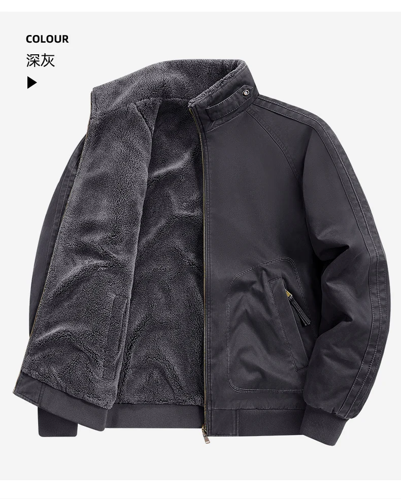 New Autumn Winter Men Washed Cotton Reversible Flight Jacket Lamb Fleece Fleece Lined Thick Warm Outerwear For Middle Aged Male