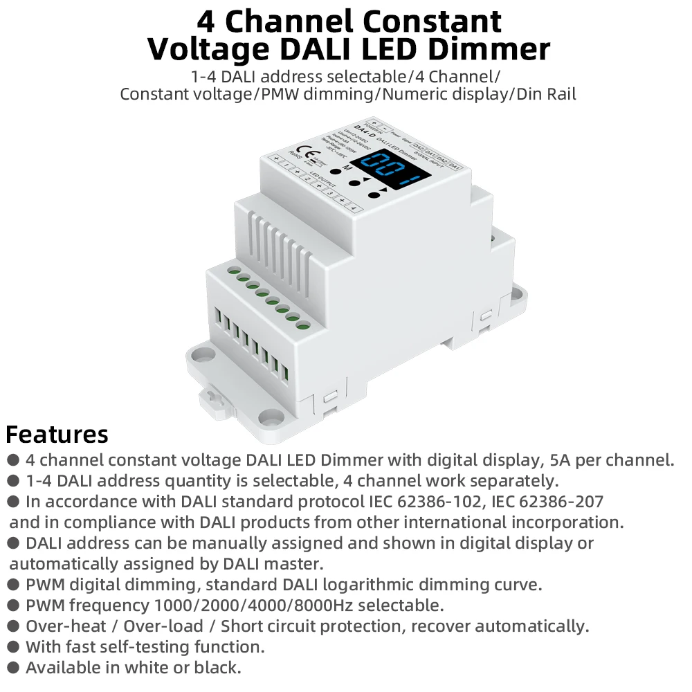 DALI LED Dimmer 12V 24V DC 4 Channels Constant Voltage Numeric Display PMW Dimming DIN Rail 20A 240W 480W LED Strip Light Dimmer