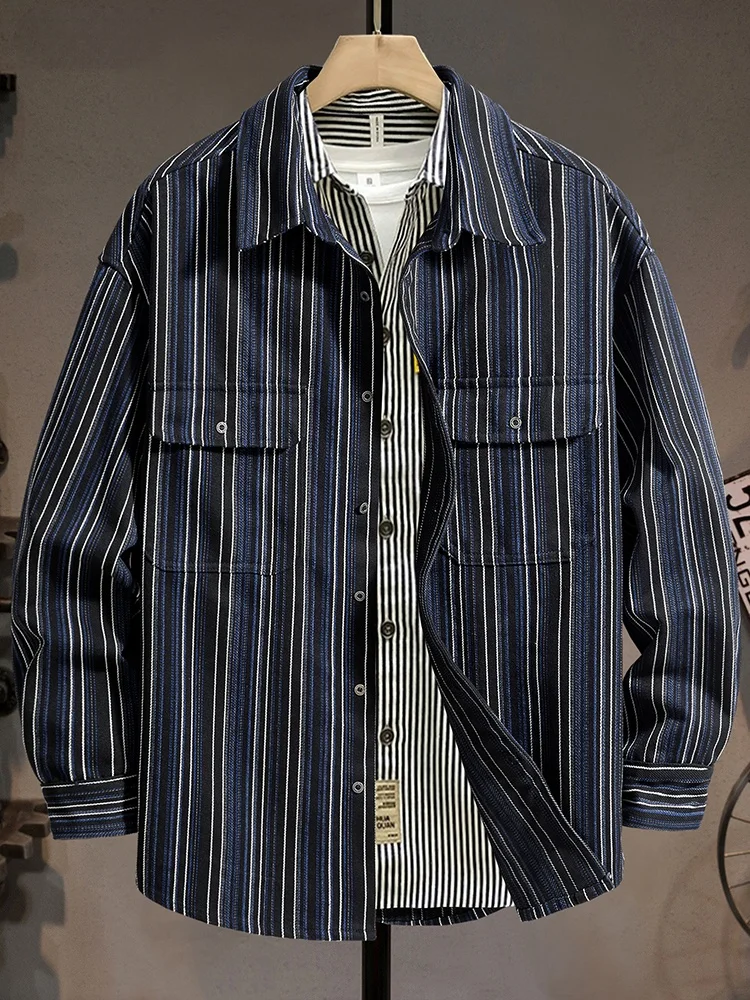 

Мужская повседневная рубашка-куртка премиум-класса синего цвета в полоску, с длинным рукавом, отложным воротником, для весны и осени, модная, в городском стиле, дышащая