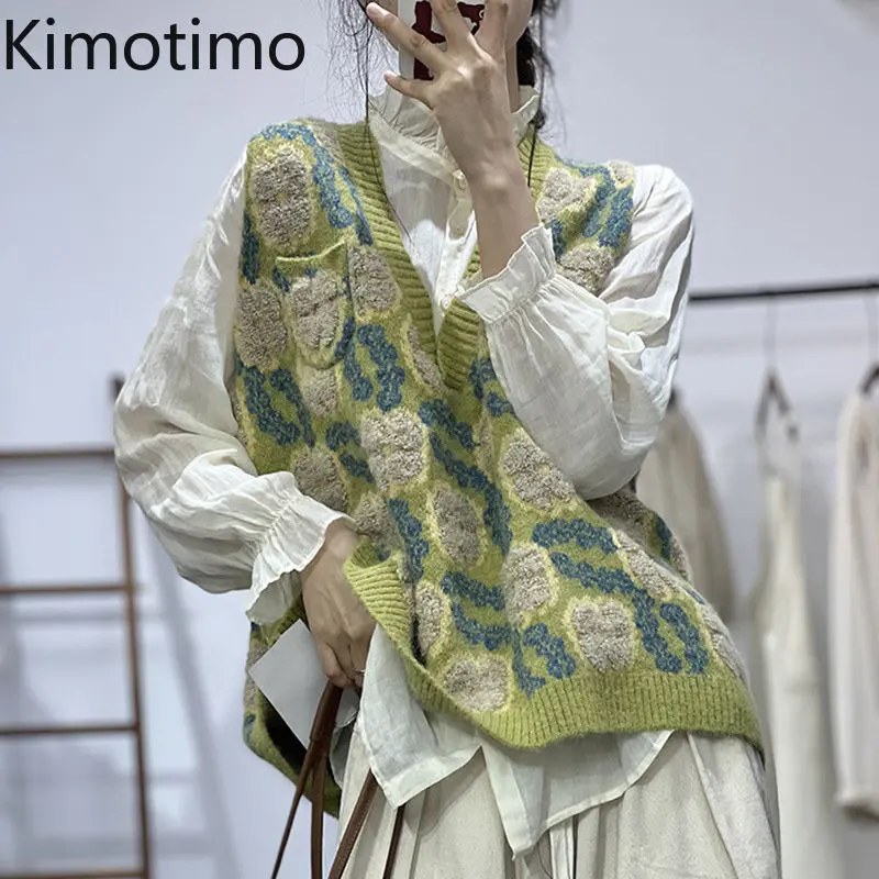 Kimotimo Vintage Jacquard Knitted Vest Women Autumn Loose V Neck Overlap Sleeveless Pullover Korean Fashion Sweater Waistcoat