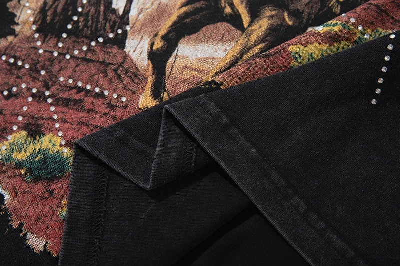Schwarzes Western Cowboy Pferde-Grafik T-Shirt für Herren Vintage Distressed Acid Wash Strass T-Shirts Lässige Sommer-Oberteile – Detail 10