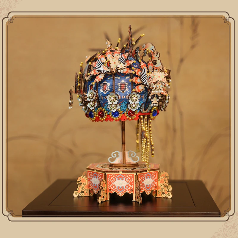 DIY 3D Wooden Phoenix Crown Music Box Jigsaw Puzzles Miniature Model Kits with Lights for Friends Birthday Gifts