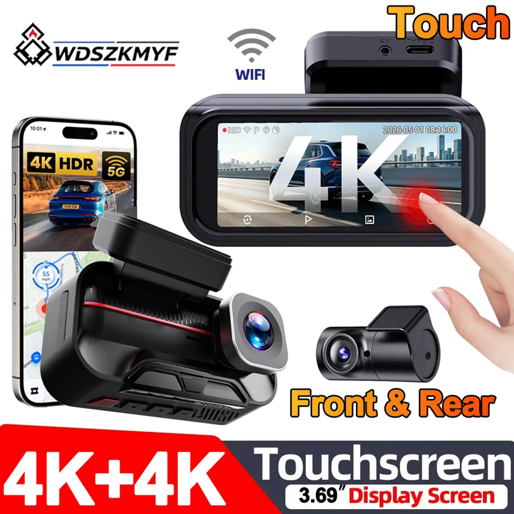 4K+4K Front Rear Dash Camera 3.69 Inch IPS Touch Screen WiFi App Control Wide Angle 24H Parking Monitor Car DVR Black Box