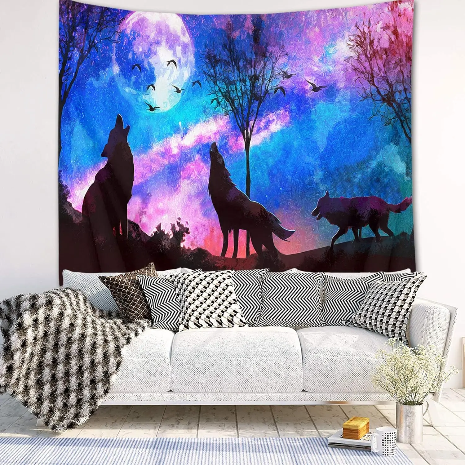 Гобелен с волком, фиолетовый, синий, психоделический гобелен со звездным небом, луна и горы, природный пейзаж, настенное одеяло для спальни
